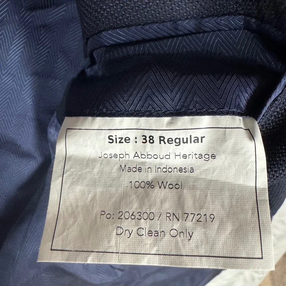 Joseph Abboud Blazer Jacket Mens 38R Reda Wool Super 110's Navy Blue Hopsack